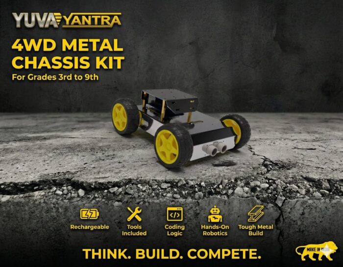 YuvaYantra 4WD Metal Chassis Robotics Kit – DIY STEM Robot Car for Students (Grades 3–9)